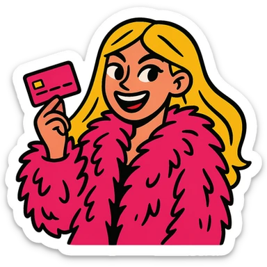 blonde girl with long hair, wearing a pink fur coat, holding a pink credit card, vibrant and expressive sticker
