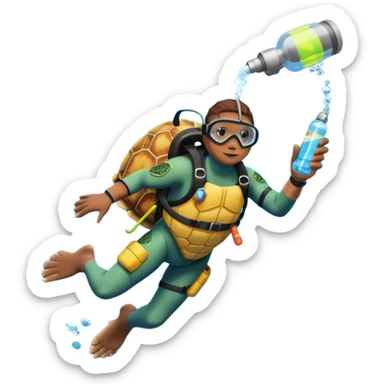 A calm sea turtle diver with mini oxygen tank, descending with a glow-stick in hand.

 sticker