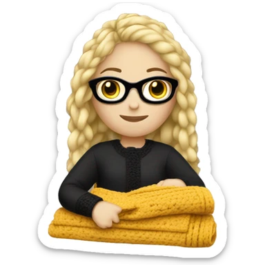 A blonde hair girl with black glasses crocheting a blanket sticker