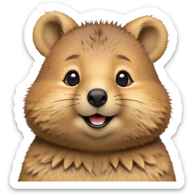 cinematic-realistic quokka-emoji,-small-round-frame, head tilted in an endearing manner, comical smile, round cheeks, giant-fluffy-cheeks-large-smile-fluffy-brown-fur-radiating-a-warm-softness,-big-round-eyes-filled-with-joy, realistic round  fluffy zoomed in, large black eyes one paw raised  sticker