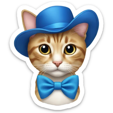 a cat in a blue hat with a bow tie sticker