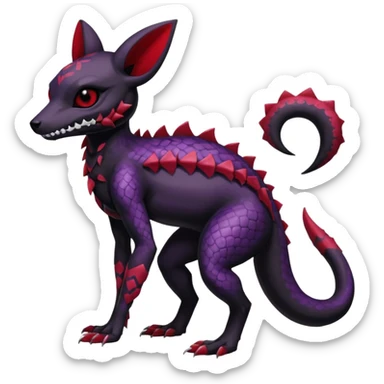 Gothic Black red purple Scaley Exotic Salandit-Umbreon-Noibat-Fakémon-hybrid-creature (full body), 4 legs, white skull face mask sticker
