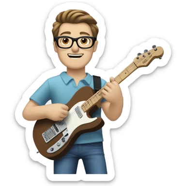 A nerdy white guy with glasses with short brown hair with a small quiff playing a blue classic telescaster sticker