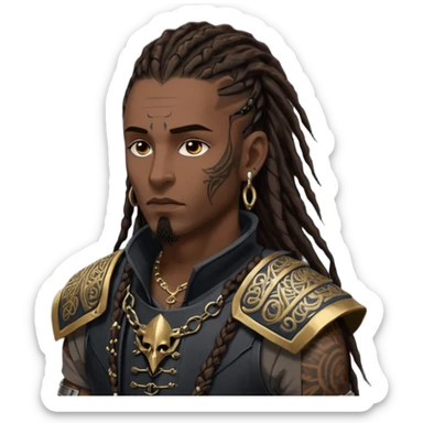A dark-skinned figure with hollow cheekbones, a sharp jawline, and intense dark brown eyes. His hair is a mess of 7-inch-long dreadlocks, with a fresh hairline and low taper. His body is covered in intricate tattoos, and he wears an armor vest. Gold earrings adorn his ears, and his  sticker
