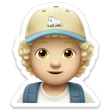 Blond Caucasian baby dude with curly har and moomin themed baseball cap sticker