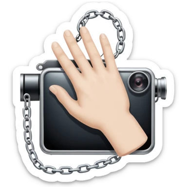 Minimalist emoji-style sticker of a human hand bound by a chain leading to a video camera. Icon-like, clean silhouette, muted tones. sticker