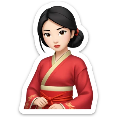 Mulan from hips up, traditional Chinese outfit, black hair, minimal style, larger size sticker