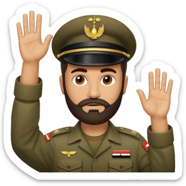 surrenders, depicts an Iraqi soldier from 1980, with a beard, a sad face and raised hands sticker