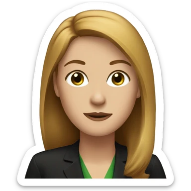 executive woman, straight golden brown hair, green eyes, black dress sticker