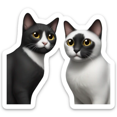 Two cats next to each other, the first one is black with a bit of white on the neck and the second one is black and white sticker