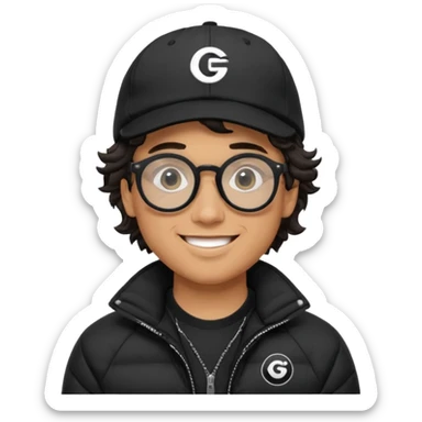 Young man wearing a black puffer jacket, black baseball cap with a small logo, round black glasses, wavy hair peeking out from under the cap, smiling. use dropcourse logo for cap and colouring for the puffer jacket sticker