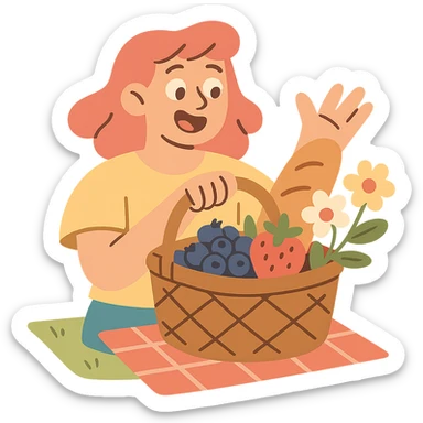 picnic basket with berries, bread, and flowers in warm pastel shades, pastel-toon style sticker