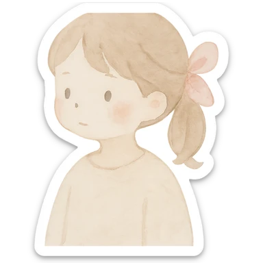 cute female character with pink hair ribbon, watercolor painting style, childlike features sticker