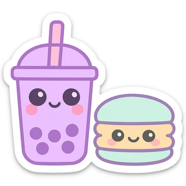 kawaii-style purple boba drink with a pastel macaron next to it, playful and charming sticker
