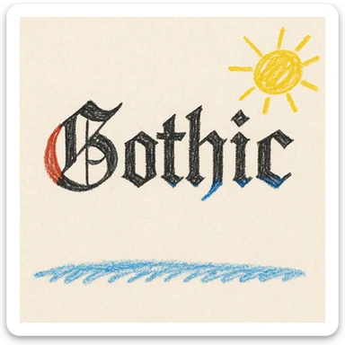 the word 'Gothic' in ornate gothic calligraphy, children doodle style sticker