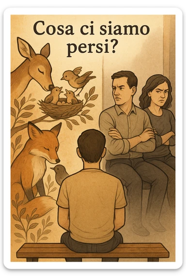 Vertical format: A man sitting on a bench. On the left, a scene of animals caring for each other. On the right, a human couple with tense expressions. Include Italian text: 'Cosa ci siamo persi?'. sticker