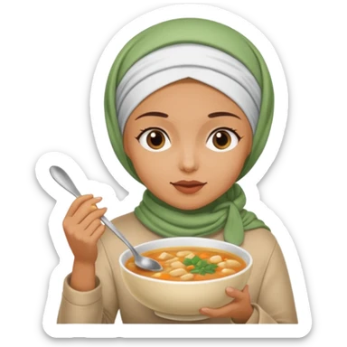 a woman wearing a headscarf is eating while holding a spoon sticker