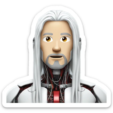 White long hair and goatee male cyborg head with red skin and wires  sticker