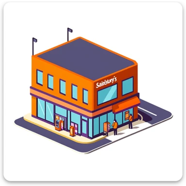 Isometric Sainsbury's Local smaller format store with orange facade, ATM outside, and pedestrians with shopping bags sticker