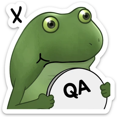 funny frog head emoji holding a sign on top that says 'QA', the sign and letters are very obvious sticker