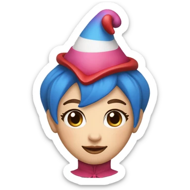 A jester with a round white head,pink blush – red and blue pinwheel eyes and a red and blue jester outfit. her pupils are red and blue pupils. She has a jester hat, and brown short hair sticker
