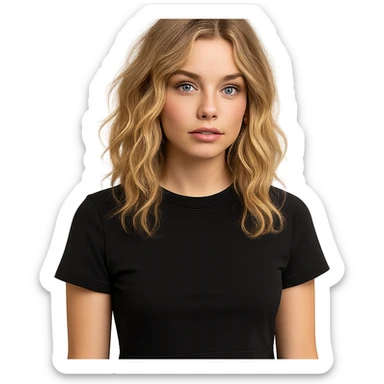 girl with wavy blonde hair, blue eyes, nose ring on left, black cropped shirt, modern style sticker
