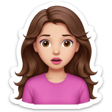 girl with long wavy brown hair, brown eyes, light to medium complexion, in a pink shirt, pink lips, long lashes, surprised, wow sticker