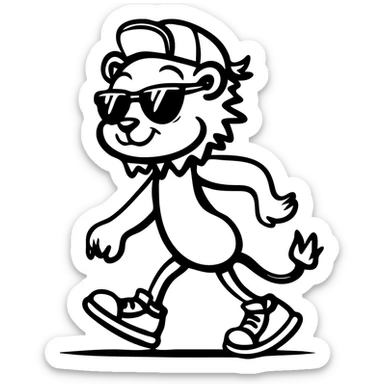 playful lion mascot in black-and-white, striding with confidence, sunglasses, backwards cap, sneakers, bold thick outlines, no internal color, vintage rubber hose animation style sticker