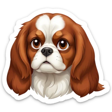 Cinematic Meme-Worthy Grumpy Blenheim Cavalier King Charles Spaniel Portrait Emoji, Head held high but eyes filled with dramatic disappointment, smooth Blenheim coat with striking chestnut and white patches, deeply furrowed brow forming an unmistakable scowl, floppy ears slightly angled back in disapproval, piercing brown eyes glaring with pure exasperation, Simplified yet hilariously over-exaggerated features, highly detailed, glowing with an aura of supreme annoyance, high shine, exhausted yet judgmental, stylized with an almost regal pettiness, bright but brooding, soft glowing outline, capturing the essence of a companion that has seen it all and is thoroughly unimpressed, so meme-worthy it feels like it could instantly become the next viral sensation of grumpiness! sticker