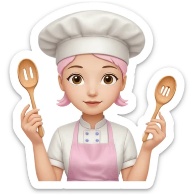 Young female baker - white chef hat, holding cream piping bags in both hands sticker