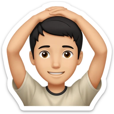 embarrassed smiling boy with hand behind head and black hair sticker