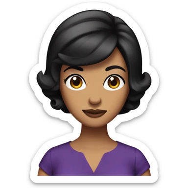 Tanned woman with short black hair wearing 60s style purple dress and hair sticker