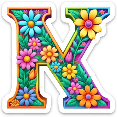 3D, gothic style psychedelic colored capital Letter N with hippie style flower border sticker