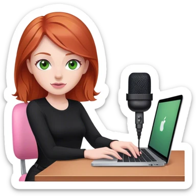 Redhead with green eyes sat at desk with pink MacBook and  podcast microphone black top and pink chair  sticker