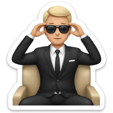 white man in formal suit wearing sunglasses resting with hands behind head sticker