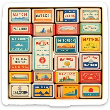 Icon for Matchbox Collecting: a collection of vintage and colorful matchboxes from different places, neatly displayed in a row or in a display case. The icon should reflect the uniqueness and diversity of matchbox collecting. Transparent background. sticker