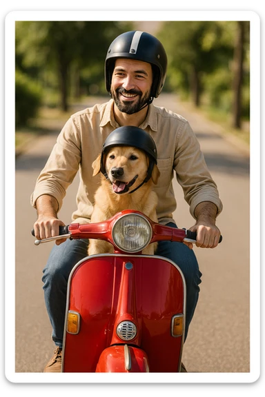 man and his pet dog riding a vespa sticker