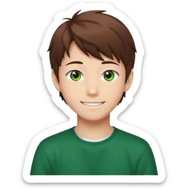 the face of an Anime asian style teen boy with brown hair, green eyes, looking smiling slightly sideways positioned. Face must be main filling of the emoji.  128px sticker