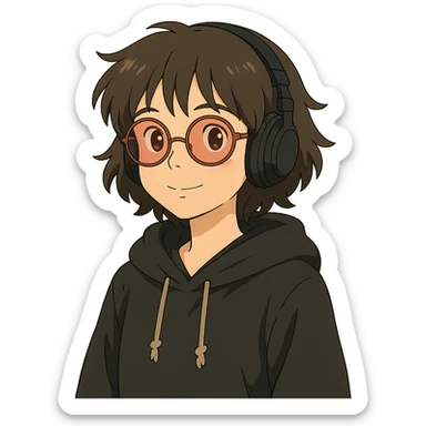 ghibli style tan brunette girl with a short wolf haircut, round ruby glasses, black headphones, and a black hoodie sticker