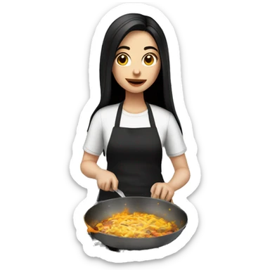 Pale girl with long black hair cooking dinner  sticker