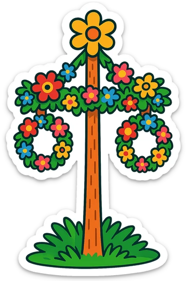 whimsical midsommarstång (maypole) with exaggerated floral decorations, playful proportions, bright cartoonish look sticker
