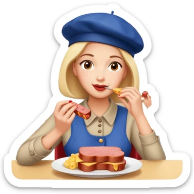  paris woman eating SPAM meat at fench spam cafe landscape  sticker