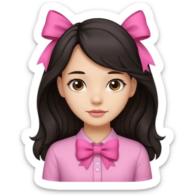 Pretty girl with long black straight kinda wavy hair with pink bow,pink shirt,and light brown skin color sticker