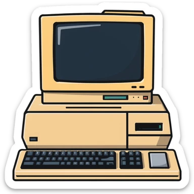 Vintage desktop computer from the 80s, bulky beige monitor with floppy disk drive, separate keyboard, nostalgic tech aesthetic sticker