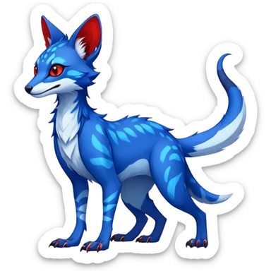 Feral Rare Fantasy neon-sapphire-blue Vernid-Sergal-Genet-species by LiLaiRa, random markings, tufted ears, full body, 4 legs, darker ears, darker legs, neon-red markings, white belly sticker