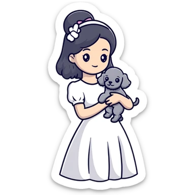 beautiful girl with long black hair in a white dress holding a small gray poodle sticker