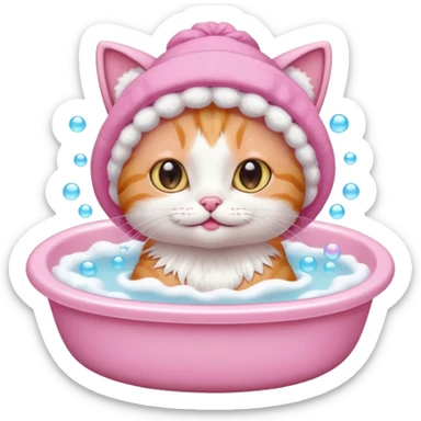 Cat in bubble bath with pink bonnet sticker
