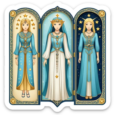 Tarot style wardrobe card showing elegant clothing items with celestial symbols, mystical style definition sticker