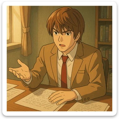 Light Yagami sitting at a desk with papers, explaining with a serious look, gentle lighting, animated details in Ghibli style sticker