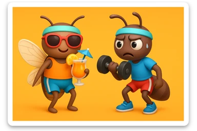 EMOJI STILE IPHONE 3D DI UNA CICALA E UNA FORMICA IN ABITI FITNESS, LA CICALA HA IN MANO UN COCKTAIL MENTRE LA FORMICA HA IN MANO UN MANUBRIO DA PALESTRA. L'IMMAGINE RAPPRESENTA IL FATTO CHE LA FORMICA VOGLIA IMPEGNARSI REALMENTE PER CAMBIARE IL SUO FISICO MENTRE LA CICALA SI VUOLE DIVERTIRE E NON CONCLUDE NULLA ALLA FINE sticker